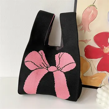1 бр. модни вязаная чанта ръчна изработка, женствена чанта на китката с възел, ежедневни чанти-тоут с папийонка за момичета, торби за многократна употреба за пазаруване