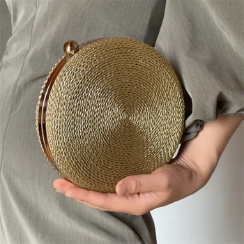 2023 НОВИ сламени чанти за жени, Плетени ръчно чанта от ратан, Тъкани кръг в чантата си ръчно изработени, клатч, Вечерна чанта впечатлява със своя бохемски стил