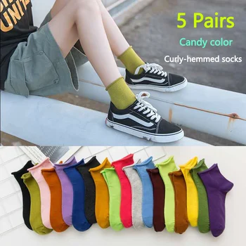 5 Двойки Женски прекрасни едноцветни чорапи, Дамски Свободни Памучни чорапи в Корейски стил за момичетата със средна дължина, есенно-зимни Чорапи с дълъг дышащим дрямка