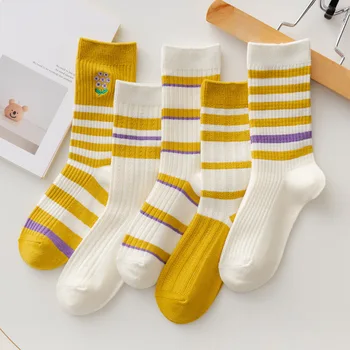 5 двойки Корейски есенно-зимни чорапи в жълта ивица, Красиви ежедневни чорапи от чист памук, Дамски спортен комплект топли чорапи