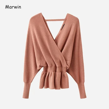 Marwin 2020-Нови дебели елегантни модни пуловери с V-образно деколте, топли дамски зимни пуловери, с меки рюшами