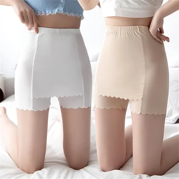 Дамски безшевни къси панталони Ice Коприна с висока талия за контрол на корема, двоен слой под пола, Боксови защитни панталони, дамски коригиращи бикини