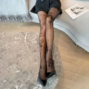 Дамски секси чорапогащник с шарени татуировки, чорапогащник с надписи под формата на цветни букви, чорапогащник под формата на линия, женски тънки Дълги черни чорапи