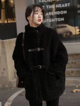 Дамско палто за Зимата 2023, Универсална дамски дрехи, с голям размер, СВОБОДНИ дебели палта от овча вълна, Корейската мода однотонная Дамско яке.