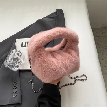 Зимни дамски Черно-розова вечерна чанта с чанта за рожден ден, подарък за парти, Плюшен сватбената чанта, модерна чанта през рамо