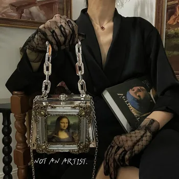 Известната картина на Чанта за вечеря за жени Луксозни дизайнерски чанти, Модни реколта сребърни мини чанта през рамо Елегантни акрилни клатчи