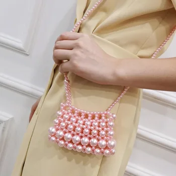 Индивидуални Сладки Мини слушалки са ръчно изработени, червило, женствена чанта 2023, Нови модни розова чанта през рамо от акрилни мъниста, плетени през рамо