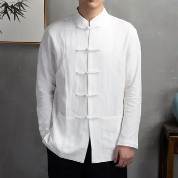 Лека дишаща мъжка риза Мъжка риза в традиционен китайски стил с яка-ботуш и джобове с дълги ръкави Кунг на есен