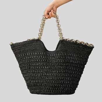 Марка дизайнерски сламена чанта-тоут голям капацитет, от ракита хартиено въже на ръчна работа, чанта през рамо, дебела златна верижка, лятна пътна плажна чанта