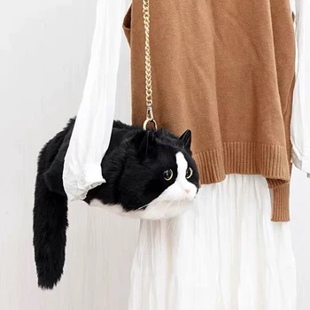 Мини-котешка чанта с универсална веригата, висококачествена и скъпа модерна черно-бяла котешка чанта През рамо, клатч за жени и момичета