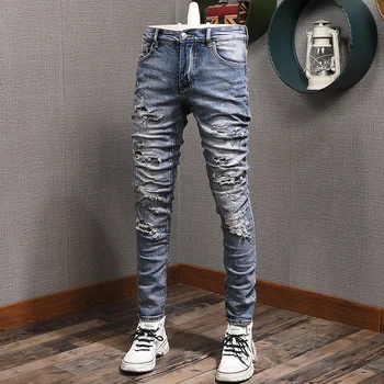 Модерни мъжки дънки в стил ретро, выстиранные сини, стрейчевые, стегнати, скъсани дънки, мъжки панталони в стил хип-хоп с заплатками, дизайнерски панталон в стил хип-хоп.