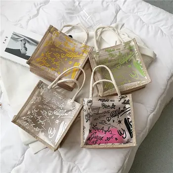 Модни прозрачни чанти с графити от PVC, плажни пластмасов желейная чанта, чанта-тоут, чанта през рамо