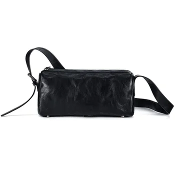 Мъжка чанта през рамо от естествена кожа, модни цилиндрична чанта през рамо, реколта чанта за пътуване с крави, ежедневни малка чанта-месинджър