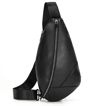 Мъжки нагрудная чанта от естествена кожа, черна ежедневна чанта през рамо от телешка кожа