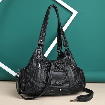 Нова дамска чанта за през рамото от изкуствена мека кожа в ретро стил с множество джобове с голям капацитет, модни цветни ежедневни чанти с надпис