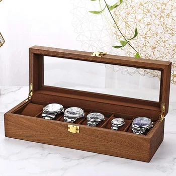 Нова стилна Дървена Кутия за часовници цвят орех с 6 слота, откриващата се с една ръка, Метални панти Не позволяват попадане на прах и драскотини