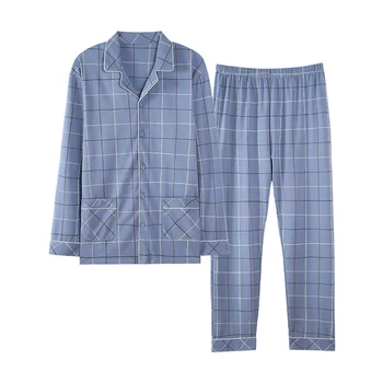 Нови пролетни и есенни мъжки пижами, изработени от чист памук, жилетка в клетката, прости ежедневни мъжки пижами, панталони с дълъг ръкав