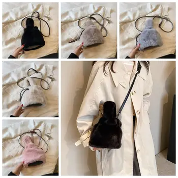 Однотонная плюшен чанта-торба, чанта за през рамо в корейски стил, дамска чанта от изкуствена кожа заек, Нишевая дизайнерска чанта, малка чанта за телефон