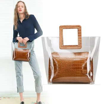 Прозрачната чанта, големи ежедневни чанти Capcity, дамски чанти-клатчи с прозрачен модел крокодилска кожа, чанта-месинджър от 2 теми за рамо