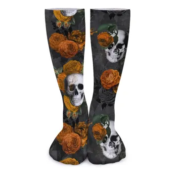 Реколта чорапи с черепи, Сладки оранжеви готически чорапи в цветенце, есенни нескользящие чорапи унисекс, удобни дизайнерски чорапи за скейтборд