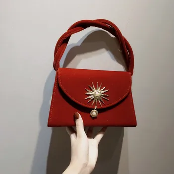 Ретро чанти за жени, луксозна дизайнерска чанта-тоут, велур, перли, черен, червен, празничен чантата си, метална верижка, чанта през рамо ZD2075