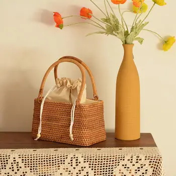 Чанта от ратан ръчно изработени в стил бохо, клатч за пикник, ръчна количка, правоъгълна преносим чанта от ратан