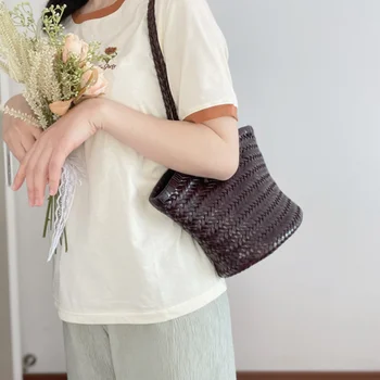 Чанта през рамо от телешка кожа, ръчна изработка, плетени чанти-кофа в ретро стил, чанта за количка за зеленчуци на едно рамо, женствена чанта