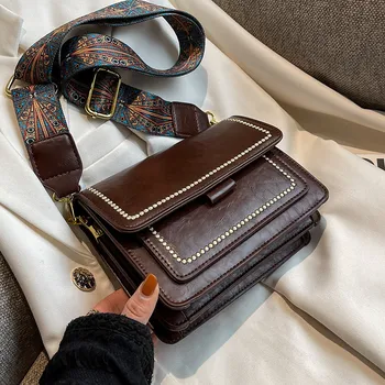Чанта през рамо с клапа за жени, дизайнерска чанта, Модерен, Широк колан, изкуствена кожа, дамски чанти-месинджър, телефони, портфейл